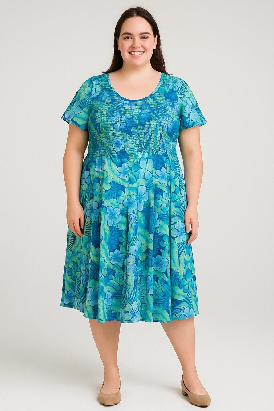 Blair Tropical coastal flowy feminine Dress Stretchy Boho resort Smocked Sz-PL
